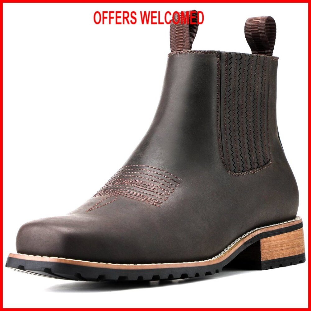 Men's Square Toe Slip-On Western Chelsea Boots, All-Weather Work Casual